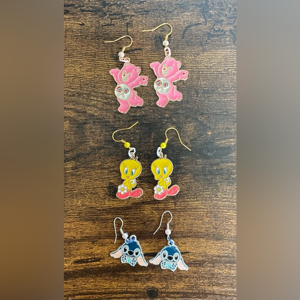 Set of 3 Earrings - Care Bear, Tweety Bird and Stitch